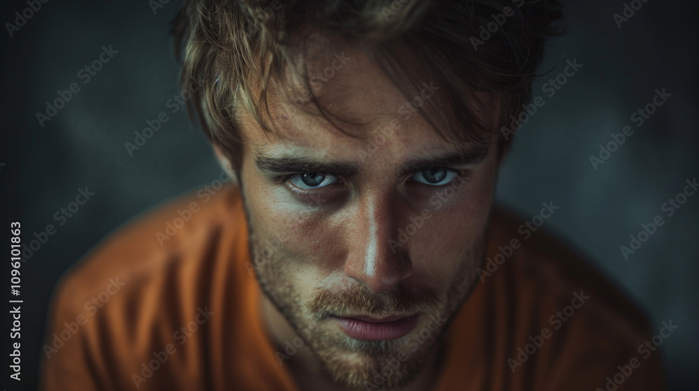 Close-up of a young man with a sad face and intense gaze Close-up of a young man with a sad face and intense gaze