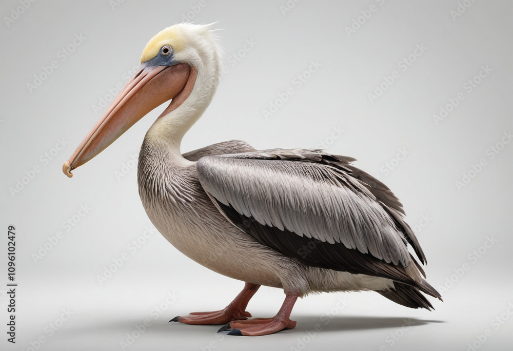 standard Pelican right side view. Full figure visible, flat white background, no shadows, head and legs visible, ultra detailed, photorealistic 400mm lens, low angle standard Pelican right side view. Full figure visible, flat white background, no shadows, head and legs visible, ultra detailed, photorealistic 400mm lens, low angle