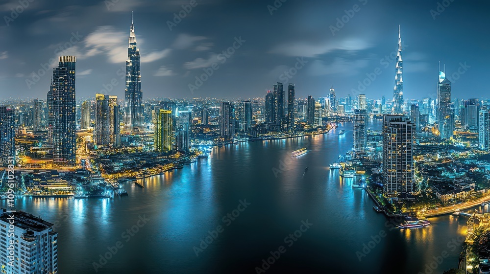 Fototapeta premium Night cityscape panorama: illuminated skyscrapers and river reflecting city lights, creating a breathtaking urban scene at dusk.