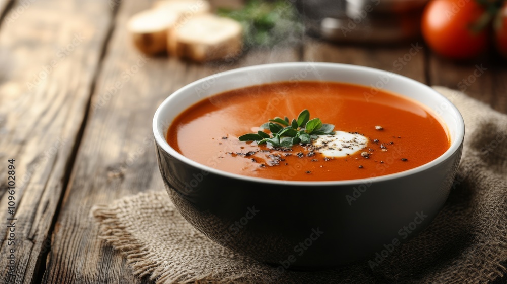Fresh Tomato Soup with Herbs and Seasoning in Rustic Setting Fresh Tomato Soup with Herbs and Seasoning in Rustic Setting