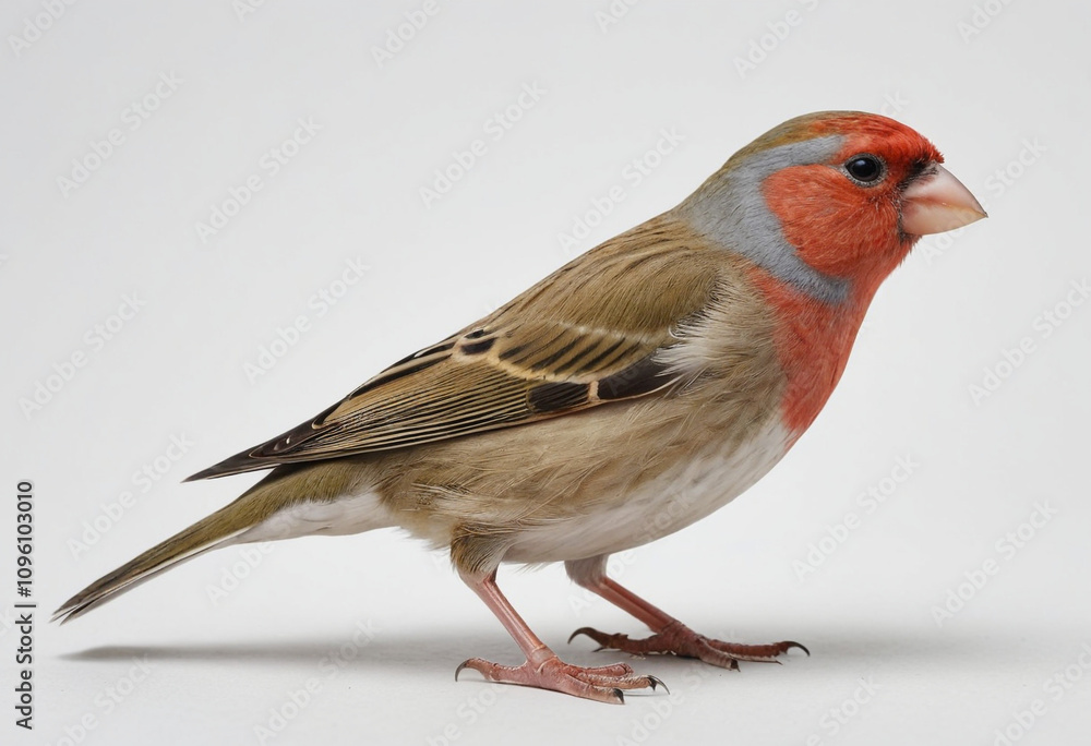 standard Finch right side view. Full figure visible, flat white background, no shadows, head and legs visible, ultra detailed, photorealistic 400mm lens, low angle standard Finch right side view. Full figure visible, flat white background, no shadows, head and legs visible, ultra detailed, photorealistic 400mm lens, low angle