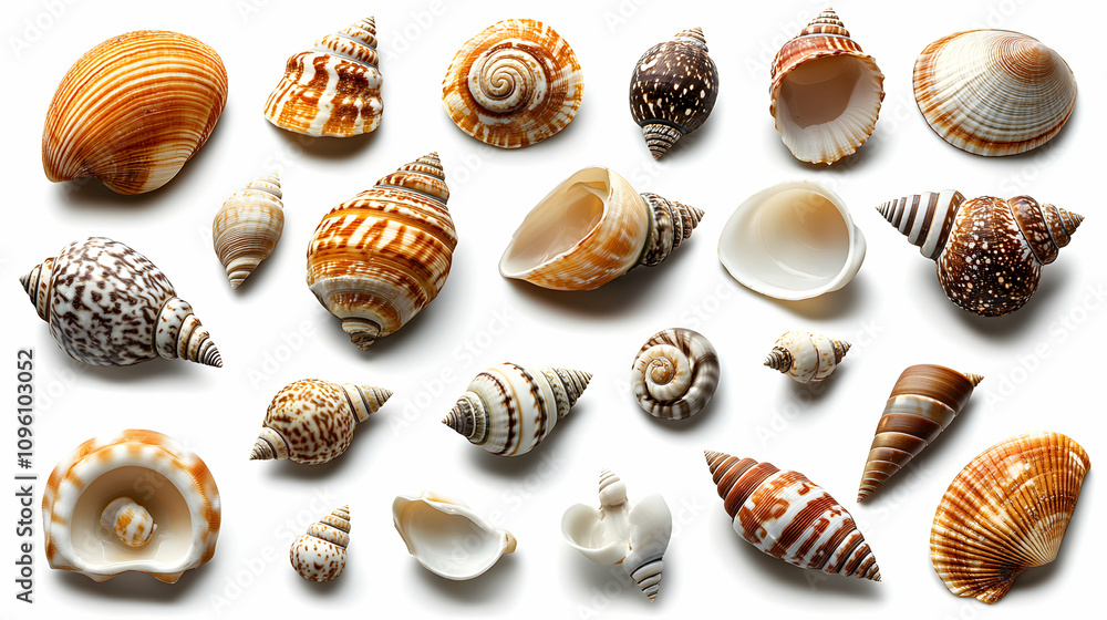 A Collection of Diverse Seashells, Arranged on a White Background, Showcasing Their Intricate Textures and Shapes, a Variety of Patterns and Colors from Brown, White, and Black. A Collection of Diverse Seashells, Arranged on a White Background, Showcasing Their Intricate Textures and Shapes, a Variety of Patterns and Colors from Brown, White, and Black.