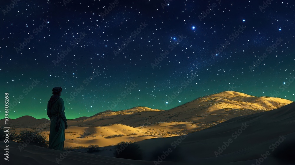 Fototapeta premium Digital Painting of a Lone Figure Contemplating a Starry Desert Night