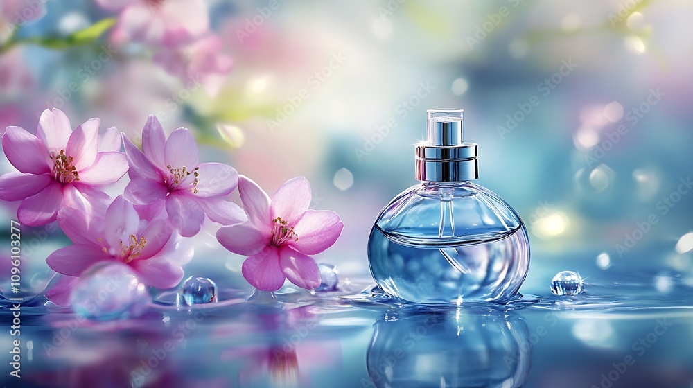 Elegant Glass Perfume Bottle with Pink Blossom Accents in a Soft Pastel Dreamlike Setting : Generative AI Elegant Glass Perfume Bottle with Pink Blossom Accents in a Soft Pastel Dreamlike Setting : Generative AI