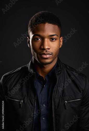 Young man wearing black jacket studio portrait black businessman portrait Ultra realistic Photorealistic hyperdetailed photography soft light head and shoulders portrait cover