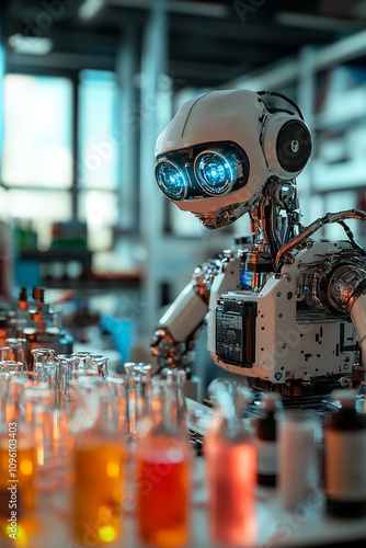 a robot working in lab using chemicals generated by AI