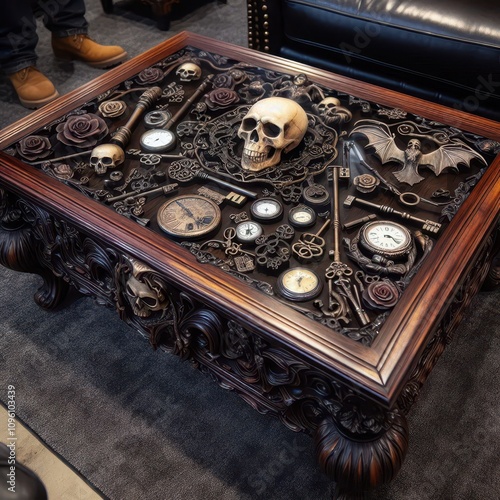 An intricately designed wooden coffee table with gothic and steampunk elements embedded under a glass top, including skulls, roses, keys, clocks, and a bat, creating a unique and detailed aesthetic photo