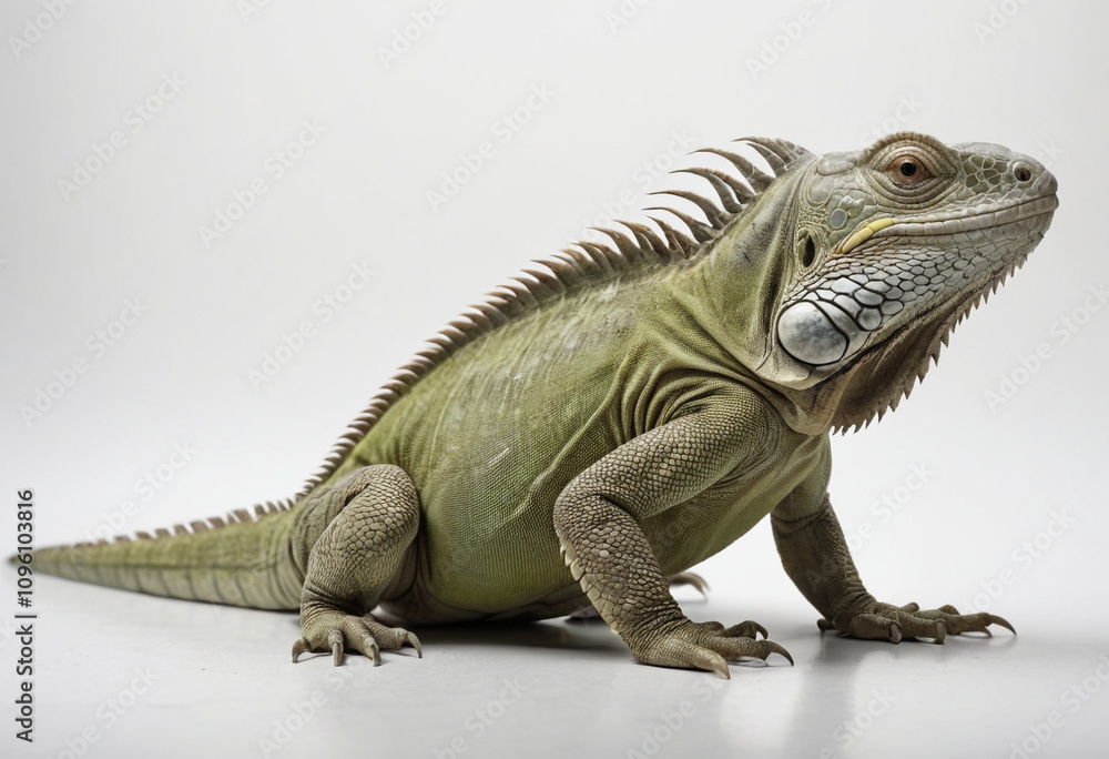 standard Iguana right side view. Full figure visible, flat white background, no shadows, head and legs visible, ultra detailed, photorealistic 400mm lens, low angle standard Iguana right side view. Full figure visible, flat white background, no shadows, head and legs visible, ultra detailed, photorealistic 400mm lens, low angle