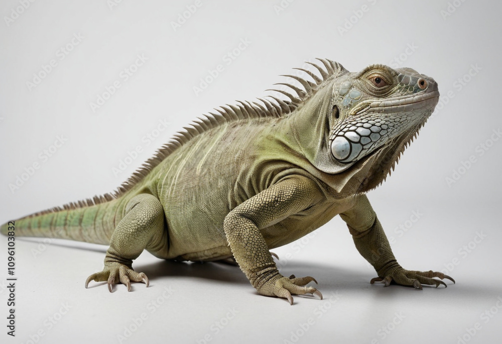 standard Iguana right side view. Full figure visible, flat white background, no shadows, head and legs visible, ultra detailed, photorealistic 400mm lens, low angle standard Iguana right side view. Full figure visible, flat white background, no shadows, head and legs visible, ultra detailed, photorealistic 400mm lens, low angle