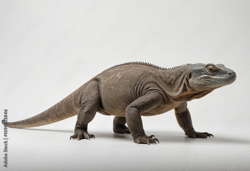 Obraz premium standard Komodo Dragon right side view. Full figure visible, flat white background, no shadows, head and legs visible, ultra detailed, photorealistic 400mm lens, low angle