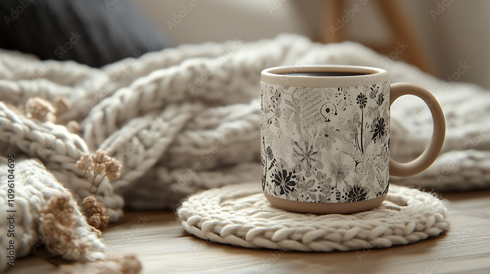 Close-up of a custom ceramic mug with a personalized design, filled with hot coffee, resting on a knitted coaster beside a warm blanket Close-up of a custom ceramic mug with a personalized design, filled with hot coffee, resting on a knitted coaster beside a warm blanket
