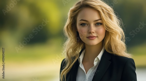 Portrait of a Blonde Woman in a Black Blazer, Outdoors, with a Soft Focus Background