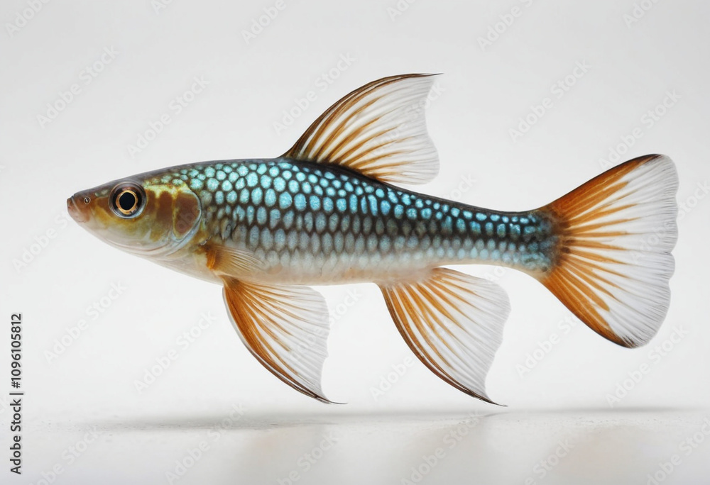 standard Guppy right side view. Full figure visible, flat white background, no shadows, head and legs visible, ultra detailed, photorealistic 400mm lens, low angle standard Guppy right side view. Full figure visible, flat white background, no shadows, head and legs visible, ultra detailed, photorealistic 400mm lens, low angle