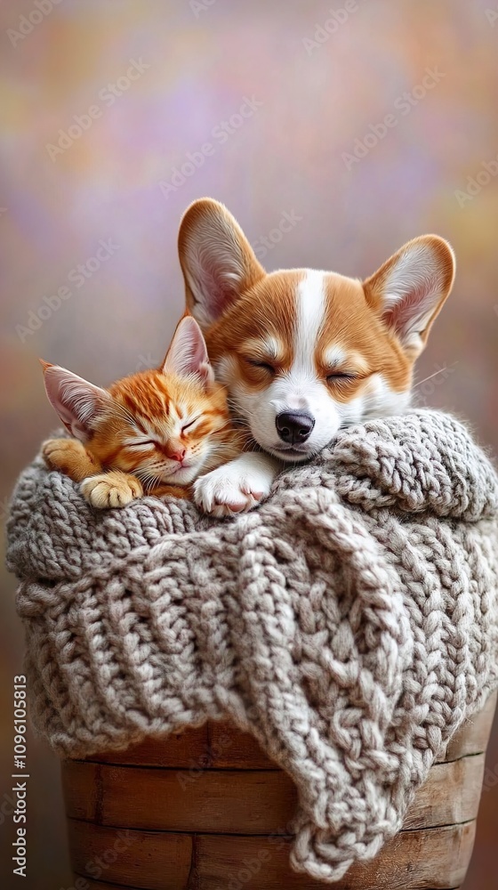 Cozy Corgi and Kitten Napping in Knitted Blanket Cozy Corgi and Kitten Napping in Knitted Blanket