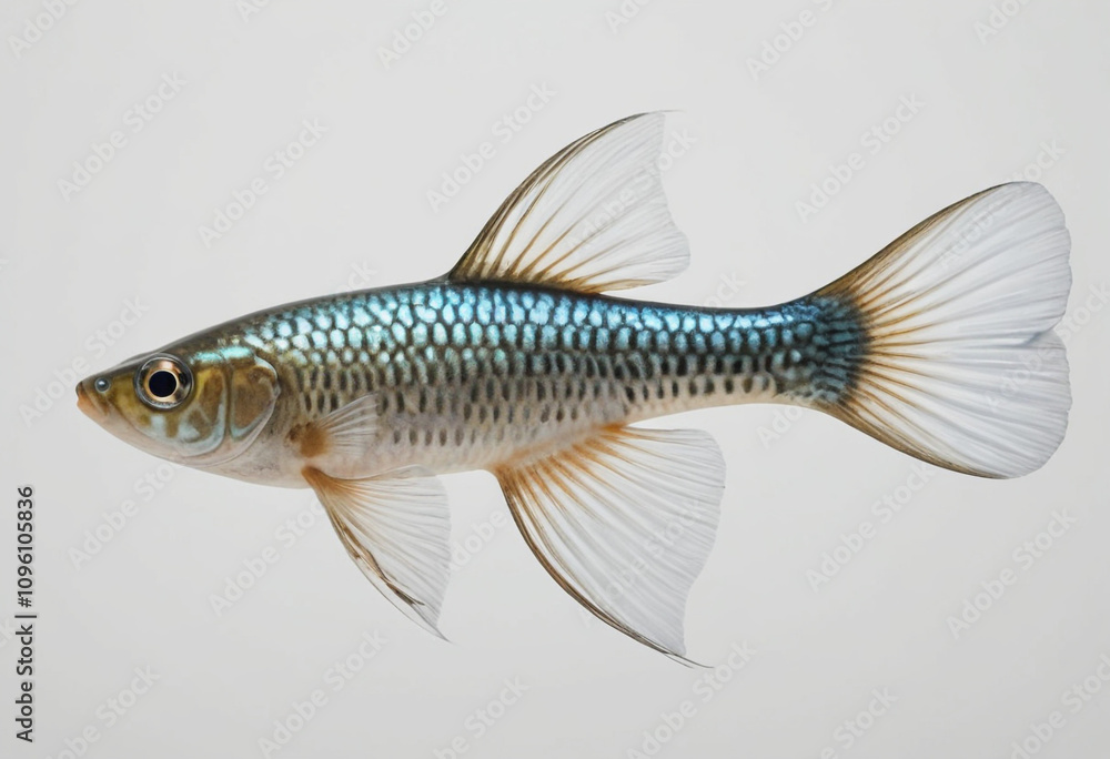 standard Guppy right side view. Full figure visible, flat white background, no shadows, head and legs visible, ultra detailed, photorealistic 400mm lens, low angle standard Guppy right side view. Full figure visible, flat white background, no shadows, head and legs visible, ultra detailed, photorealistic 400mm lens, low angle