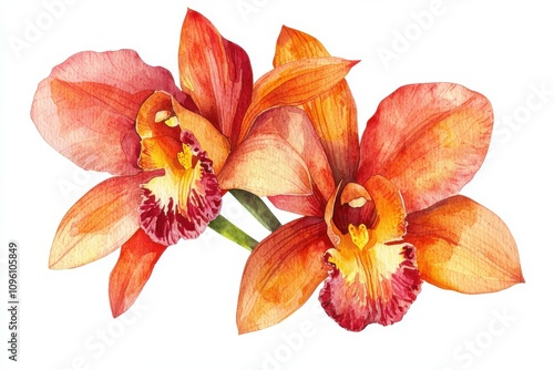 A stunning watercolor illustration displaying vibrant orange orchids in full bloom, showcasing their delicate petals and rich colors.