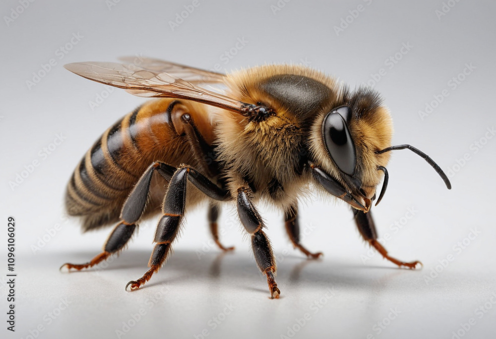 standard Bee right side view. Full figure visible, flat white background, no shadows, head and legs visible, ultra detailed, photorealistic 400mm lens, low angle standard Bee right side view. Full figure visible, flat white background, no shadows, head and legs visible, ultra detailed, photorealistic 400mm lens, low angle
