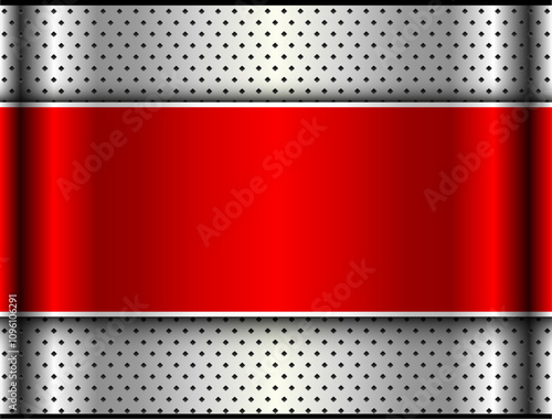 Silver red metallic background with blank banner in the center, shiny chrome metal background.