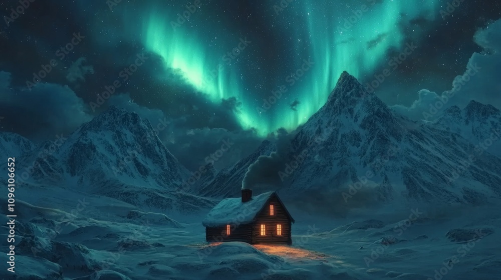 A breathtaking view of the northern lights illuminating the sky over snow-covered mountains and a small, cozy cabin with a chimney. A breathtaking view of the northern lights illuminating the sky over snow-covered mountains and a small, cozy cabin with a chimney.