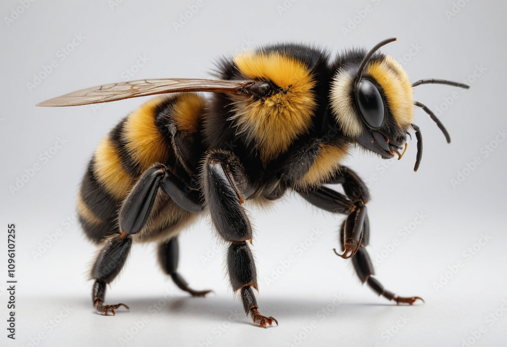 standard Bumblebee right side view. Full figure visible, flat white background, no shadows, head and legs visible, ultra detailed, photorealistic 400mm lens, low angle standard Bumblebee right side view. Full figure visible, flat white background, no shadows, head and legs visible, ultra detailed, photorealistic 400mm lens, low angle