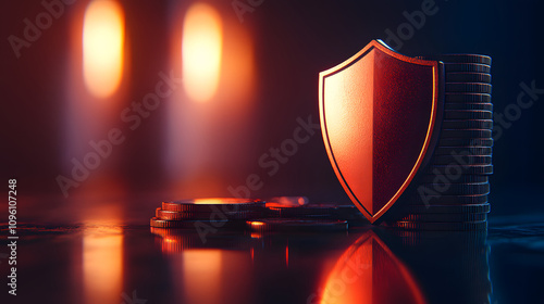 minimalist shield icon in focus, surrounded by soft light and stacks of coins, symbolizes security and wealth. warm glow enhances protective theme photo