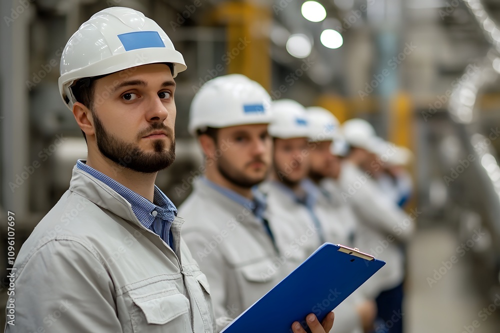Group of Factory Engineers in Safety Helmets Observing Production Process in Industrial Facility Group of Factory Engineers in Safety Helmets Observing Production Process in Industrial Facility