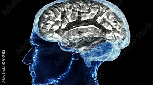 Abstract depiction of a human brain surrounded by chaotic red and black lines symbolizing risks, challenges, and danger in decision-making or mental processes, highlighting concepts of human intellige photo