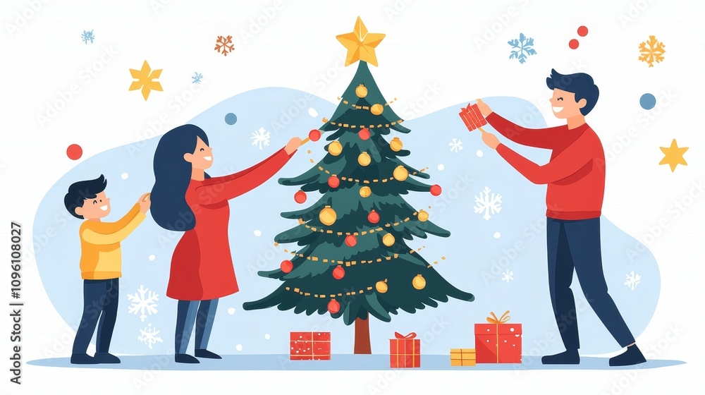 Family decorating christmas tree home living room digital illustration festive environment cheerful viewpoint holiday spirit concept Family decorating christmas tree home living room digital illustration festive environment cheerful viewpoint holiday spirit concept