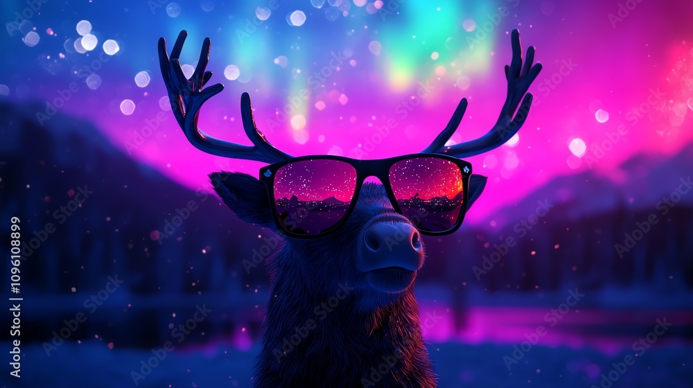 Fototapeta premium Moose wearing sunglasses under colorful northern lights, captivating and vibrant scene.