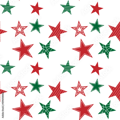 Red and green decorative stars seamless vector pattern, Christmas paper, wrapping, wallpaper, textile print.