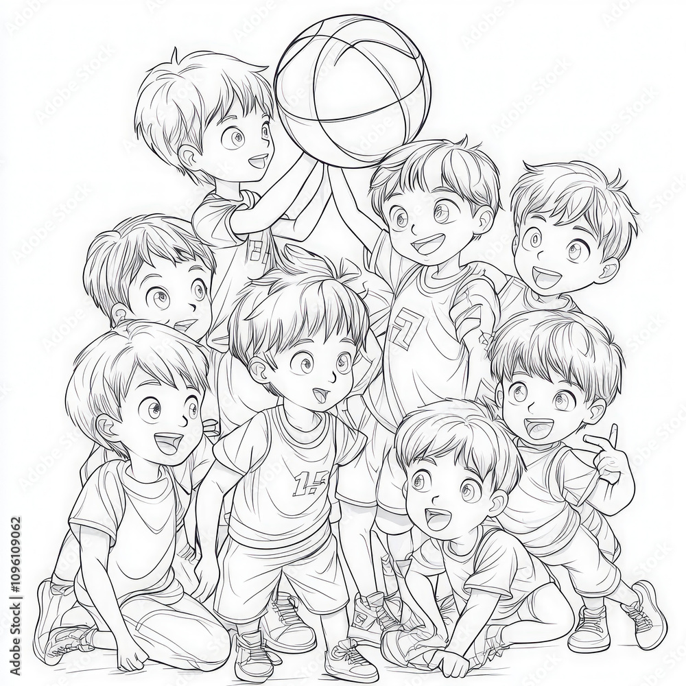 A group of kids playing in a sports competition, coloring page for kids, simple outline illustration. Coloring book, simple lines. A group of kids playing in a sports competition, coloring page for kids, simple outline illustration. Coloring book, simple lines.