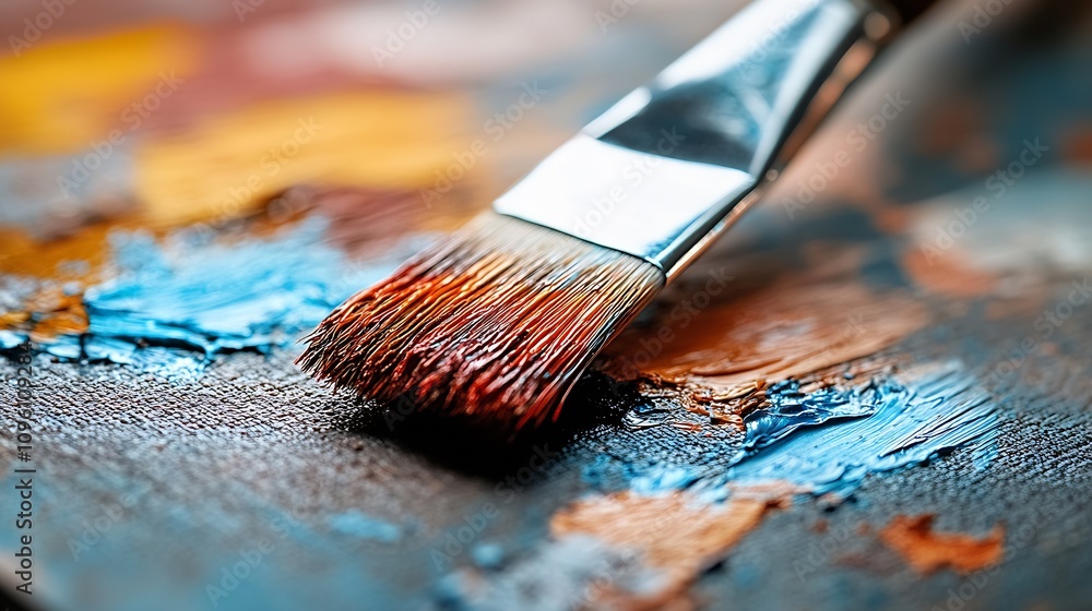 Fototapeta premium Artistic Close Up of Textured Acrylic Paints on Canvas with Brush : Generative AI