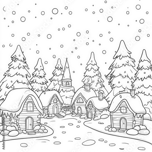 A snowy village with twinkl...