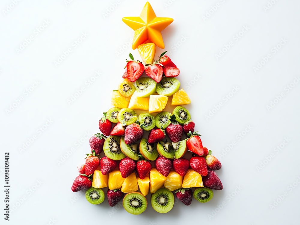 Colorful fruit arranged like a Christmas tree on a white background. Colorful fruit arranged like a Christmas tree on a white background.