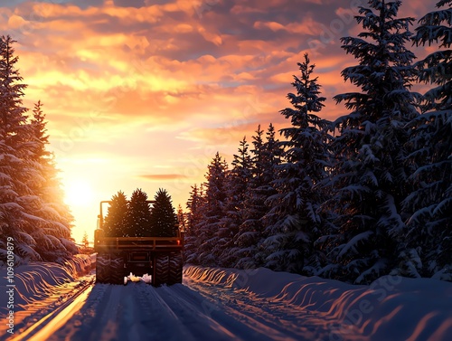 A snow-covered road with a vehicle transporting trees at sunset.