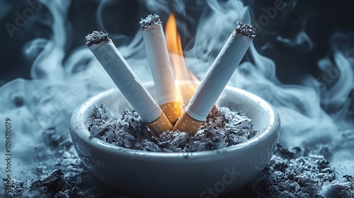 Three Cigarettes Burning in Ashtray Signifying Smoking Risks and Health Concerns : Generative AI photo