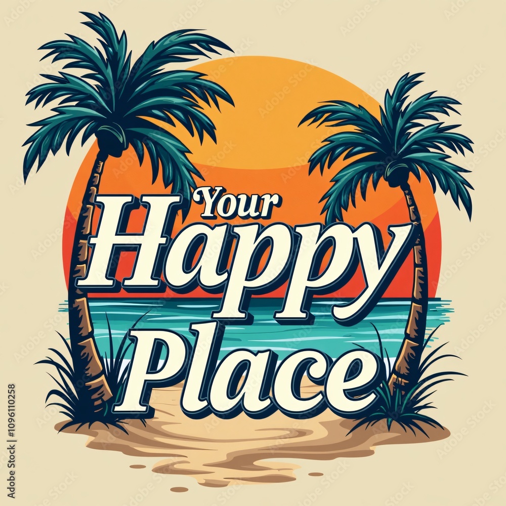 Naklejka premium Palm Trees Beach Sunset Happy Place T-Shirt Design