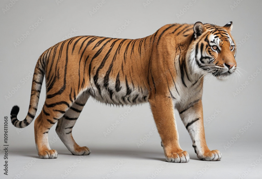 Obraz premium standard Tiger right side view. Full figure visible, flat white background, no shadows, head and legs visible, ultra detailed, photorealistic 400mm lens, low angle