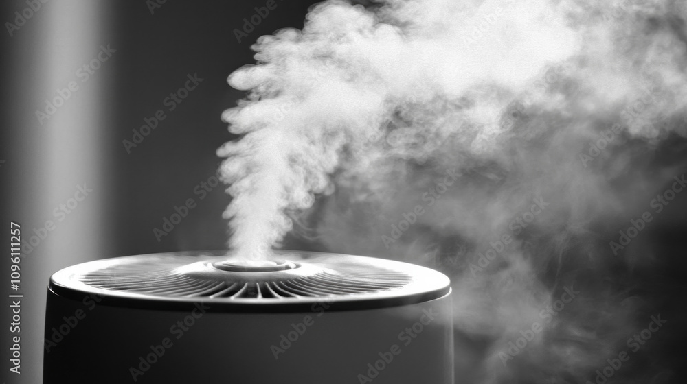 Humidifier releasing soothing mist in a cozy indoor space during a quiet afternoon Humidifier releasing soothing mist in a cozy indoor space during a quiet afternoon
