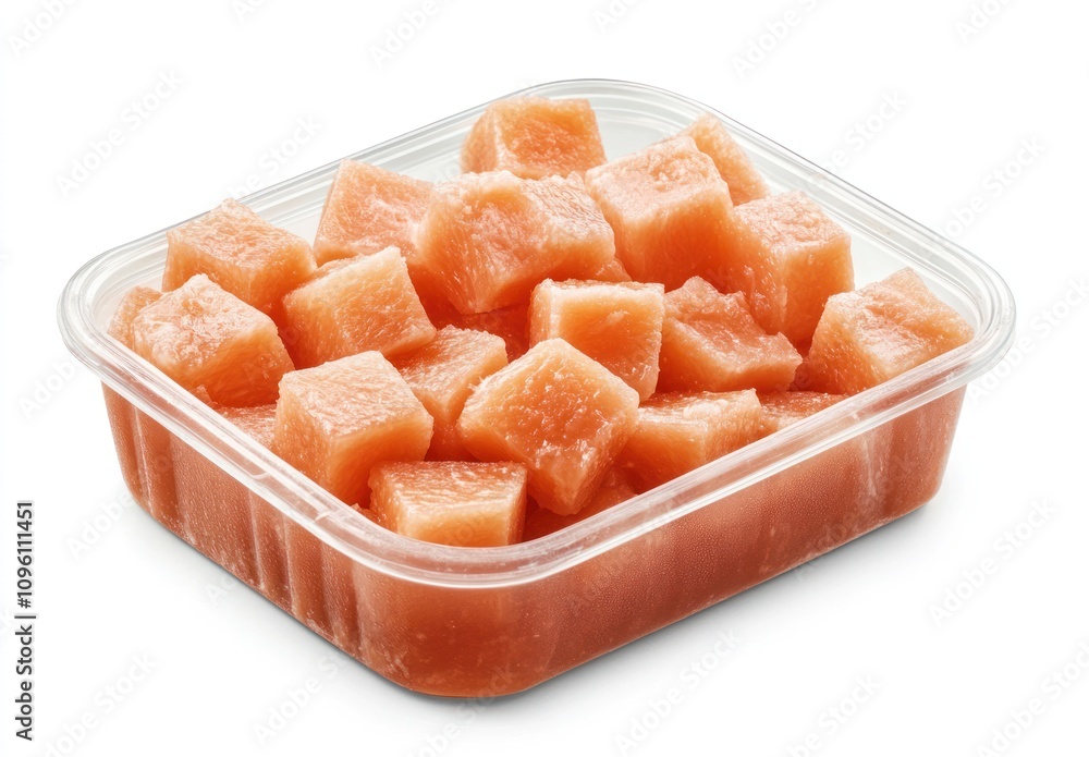 A container filled with cubed pink fruit, likely watermelon or a similar variety. A container filled with cubed pink fruit, likely watermelon or a similar variety.