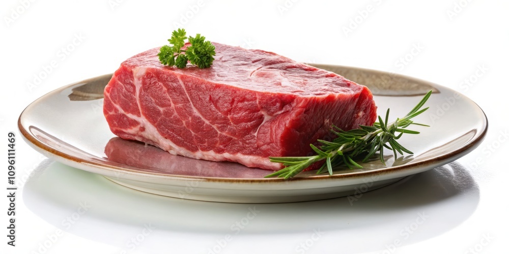 Fresh Raw Beef in Elegant Ceramic Plate Isolated on White Background, Showcasing the Rich Color and Texture of Quality Meat for Culinary and Food Photography Needs Fresh Raw Beef in Elegant Ceramic Plate Isolated on White Background, Showcasing the Rich Color and Texture of Quality Meat for Culinary and Food Photography Needs