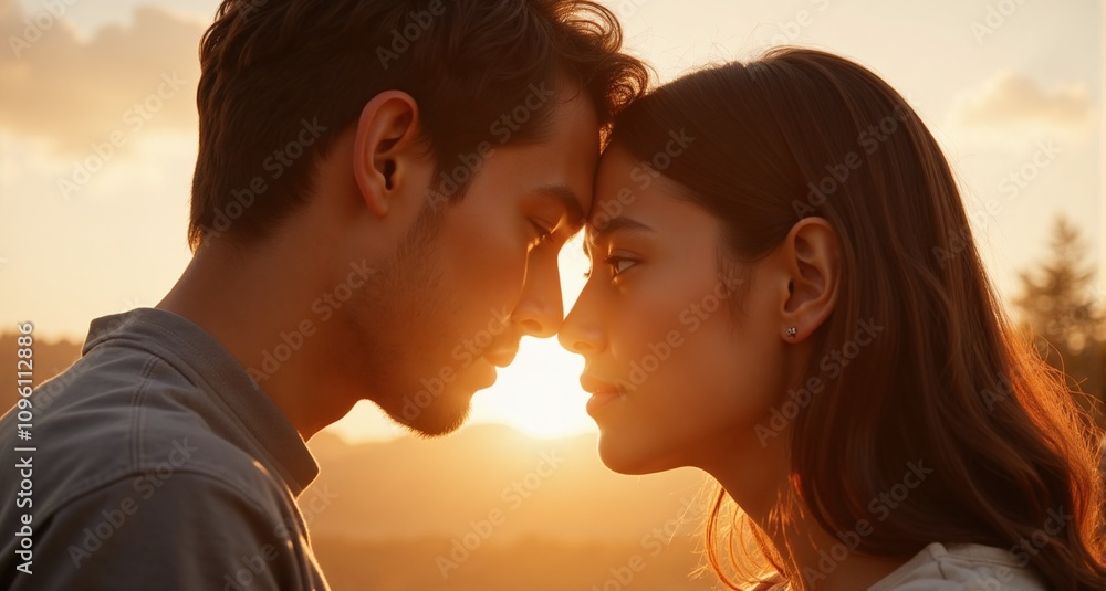 Loving couple sharing a tender moment at sunset with warm backlight and nature backdrop Loving couple sharing a tender moment at sunset with warm backlight and nature backdrop