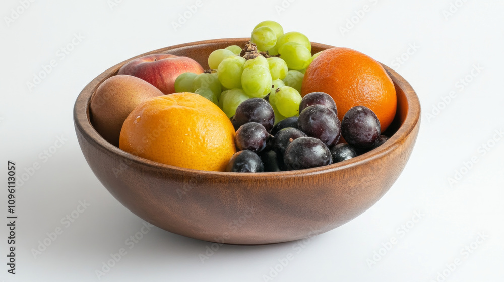 Fresh fruit bowl featuring oranges, grapes, peaches, and plums on a white background Fresh fruit bowl featuring oranges, grapes, peaches, and plums on a white background