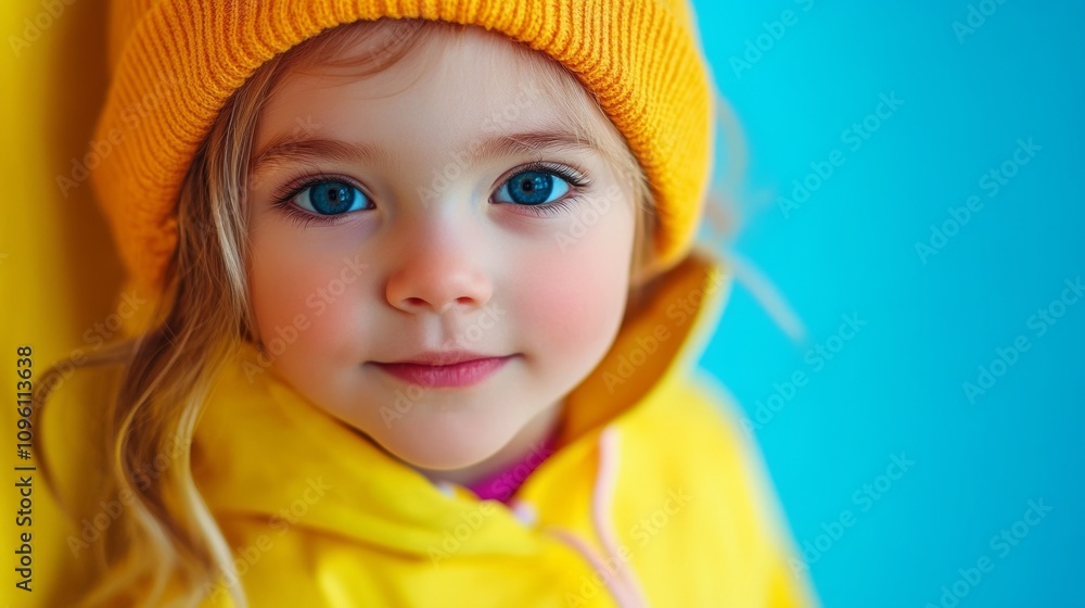 A cheerful young girl with striking blue eyes looks directly at the viewer, dressed warmly in a bright yellow hoodie and matching beanie. The colorful backdrop enhances her playful expression A cheerful young girl with striking blue eyes looks directly at the viewer, dressed warmly in a bright yellow hoodie and matching beanie. The colorful backdrop enhances her playful expression