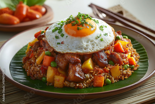 Bol Renversé on Banana Leaf with Fried Egg and Stir-Fried Vegetables - Mauritian Culinary Delight