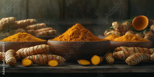 Rustic Turmeric Roots and Powder in Wooden Bowls photo