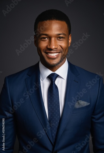 Professional headshot, confident smile, well-groomed man, navy blue suit, white shirt, dark tie, pocket square, textured background, studio lighting, corporate portrait, charismatic expression, polish