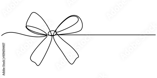 Drawing of gift ribbon bow in continuous one line art style. Black linear sketch isolated on white background. Decorative ribbon bow continuous line art isolated on white background. Bowknot vector