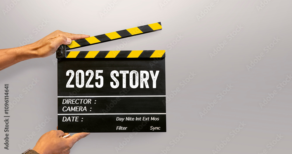 Naklejka premium 2025 story. handwriting on film slate or movie clapboard. starting to new story. Happy new year film industry.