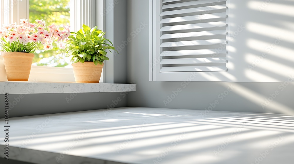 Contemporary Home Interior with Natural Light Pouring Over Flower Adorned Windowsill : Generative AI Contemporary Home Interior with Natural Light Pouring Over Flower Adorned Windowsill : Generative AI